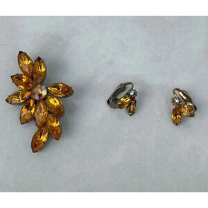 Vintage Orange Amber Tone Rhinestone Flower Brooch Pin Earrings Statement Set
